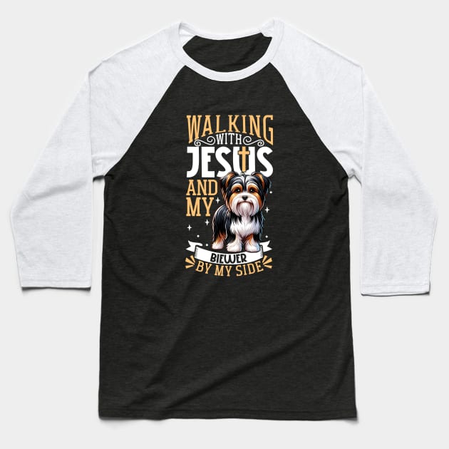 Jesus and dog - Biewer Terrier Baseball T-Shirt by Modern Medieval Design